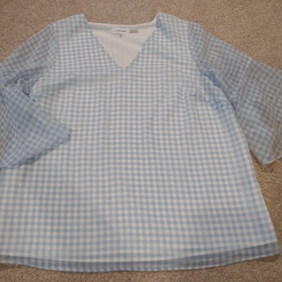 Calvin Klein - Light blue gingham V-neck blouse with bell sleeves - 0X - Picture 3 of 6